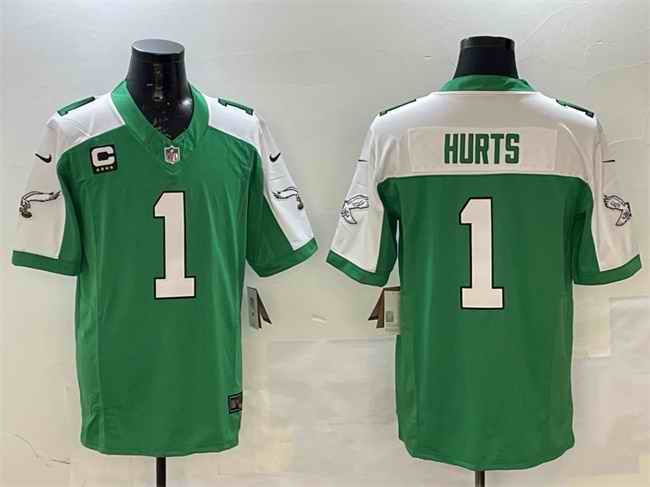 Men's Philadelphia Eagles #1 Jalen Hurts Green/White F.U.S.E. 4-Star C Patch Vapor Untouchable Limited Stitched Football Jersey